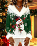 Christmas Snowman Fur Collar Patchwork Top