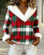 Plush V-Neck Plaid Patchwork Top