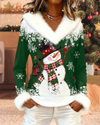 Christmas Snowman Fur Collar Patchwork Top