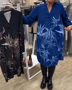 V-Neck Leaf Print Long-Sleeved Dress
