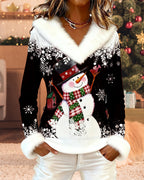 Christmas Snowman Fur Collar Patchwork Top