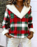 Plush V-Neck Plaid Patchwork Top