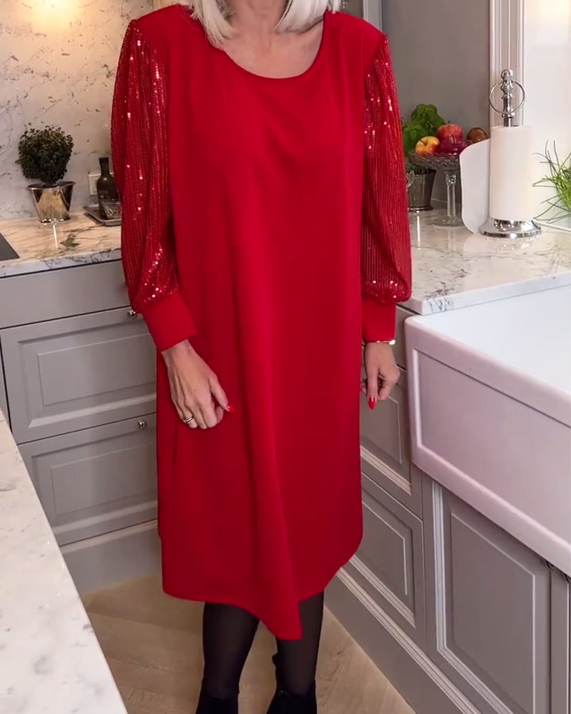 Fashionable solid color sequin patchwork long-sleeve dress
