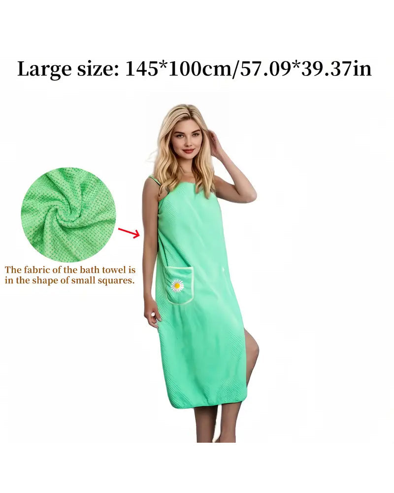 Soft Absorbent Quick-Dry Wearable Bath Towel Skirt with Floral Pattern Pocket