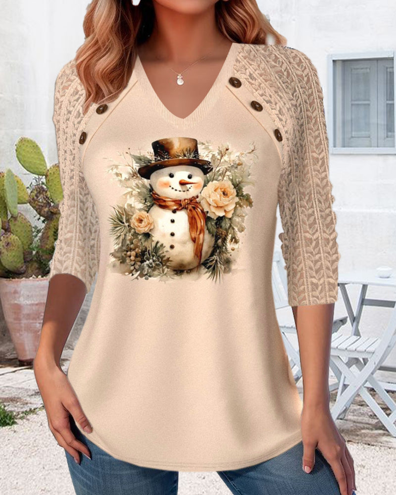 Casual V-neck snowman print top