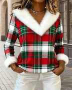 Plush V-Neck Plaid Patchwork Top
